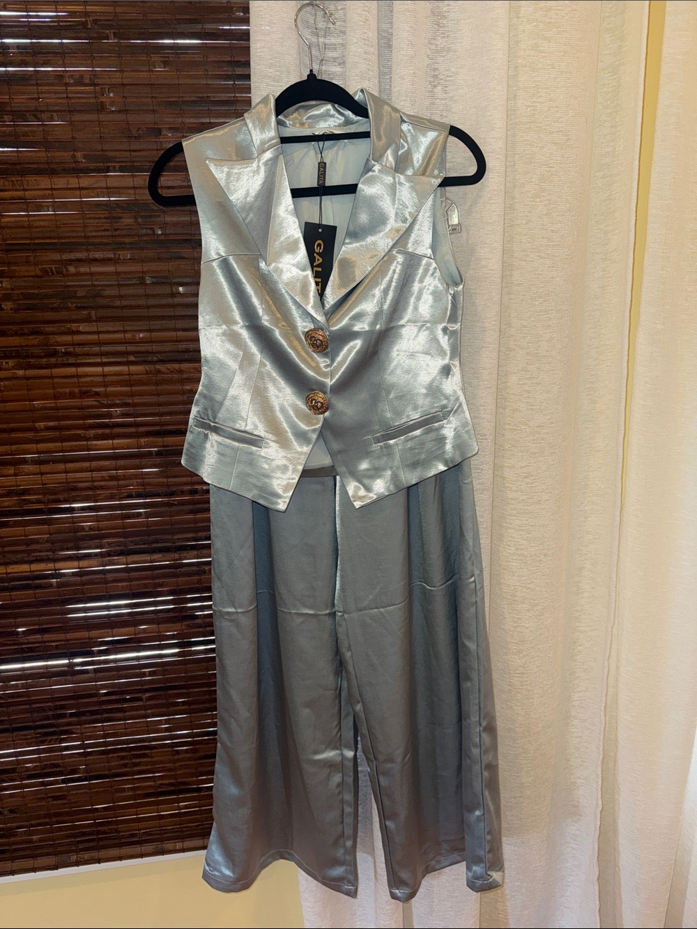 Silver/Blue Satin Two-Piece Vest & Wide-Leg Set